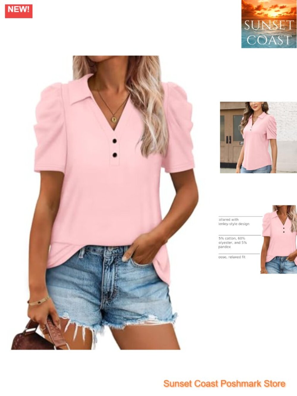 Puff Short Sleeve V Neck Polo Shirt Summer Tee Loose Casual Top